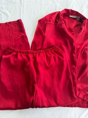 Chanteuse Vintage 1980’s Red Satin Long sleeve button up top & pant Pajamas set